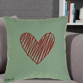 Perna Decorativa Inima Rosie Desen Manual, 40x40 cm, Verde, Husa Detasabila, Perna Inclusa, BEKZ®