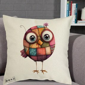 Perna Decorativa Pasare Patchwork Roz cu Floare, 40x40 cm, Ecru, Husa Detasabila, Perna Inclusa, BEKZ®