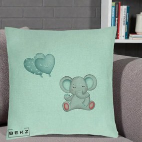 Perna Decorativa, Model Elefant si baloane in forma de inimioare, 40x40 cm, Verde Menta, Husa Detasabila, Perna Inclusa, BEKZ®