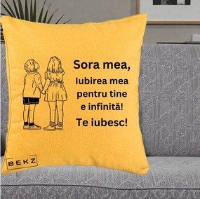 Cadou pentru Sora - Perna Personalizata Sora Mea Te Iubesc Copii Tinand Maini Line Art, 40x40 cm, Galben, Husa Detasabila, Perna Inclusa, BEKZ®