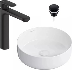 Pachet lavoar pe blat Omnires Tulsa alb 36 cm, baterie lavoar Hansgrohe Vernis Blend negru si ventil lavoar Click-Clack D negru