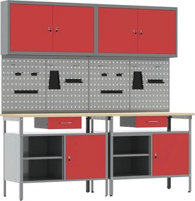 vidaXL Set banc de lucru 8 pcs Roșu și gri Oțel vopsit electrostatic