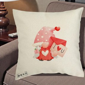 Cadou Romantic - Perna Personalizata I Love You Gnome Valentine cu Scrisoare, 40x40 cm, Ecru, Husa Detasabila, Perna Inclusa, BEKZ®