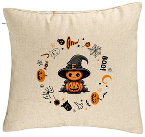 Perna Decorativa cu motiv de Halloween 7, 40x40 cm, Bej, Husa Detasabila, Burduf