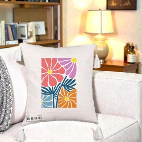 Perna Decorativa Flori Grafice Roz-Orange-Albastru, 40x40 cm, Bej cu Franjuri, Husa Detasabila, Perna Inclusa, BEKZ®