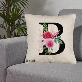 Cadou Personalizat - Perna Personalizata Monograma Florala Litera B, 40x40 cm, Bej Canapea, Husa Detasabila, Perna Inclusa, BEKZ®