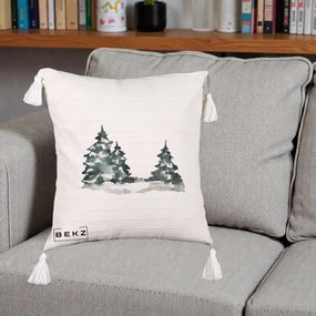 Perna Decorativa Brazi Inzapeziti Acuarela, 40x40 cm, Bej cu Franjuri, Husa Detasabila, Perna Inclusa, BEKZ®