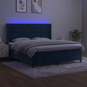 Pat cu arcuri, saltea si LED, bleumarin, 160x200 cm, catifea Albastru inchis, 160 x 200 cm, Design cu nasturi