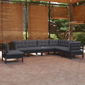 3096723 vidaXL Set mobilier grădină cu perne, 7 piese, negru, lemn masiv pin