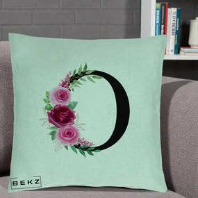 Cadou Personalizat - Perna Personalizata Monograma Florala Litera O, 40x40 cm, Verde Menta, Husa Detasabila, Perna Inclusa, BEKZ®