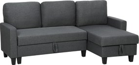 HOMCOM Canapea Extensibilă cu 3 Locuri cu Șezlong și Spațiu de Depozitare, 197x129x85 cm, Gri Închis | Aosom Romania