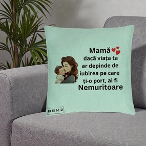Cadou pentru Mama - Perna Personalizata Mama Nemuritoare cu Bebelus Lineart, 40x40 cm, Verde Menta, Husa Detasabila, Perna Inclusa, BEKZ®