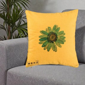 Perna Decorativa Floare Margareta Albastra Acuarela, 40x40 cm, Galben, Husa Detasabila, Perna Inclusa, BEKZ®