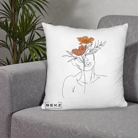 Perna Decorativa Portret Feminin Doua Flori, 40x40 cm, Alb Pufos, Husa Detasabila, Perna Inclusa, BEKZ®