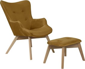 Fotoliu cu taburet galben muștar cu tapițerie din catifea Niko – Ropez