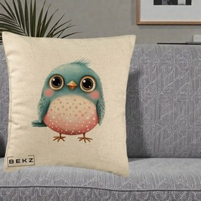 Perna Decorativa Pasare Teal-Roz cu Pete, 40x40 cm, Bej, Husa Detasabila, Perna Inclusa, BEKZ®