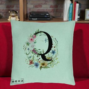 Cadou Personalizat - Perna Personalizata Monogram Litera Q cu Flori Acuarela, 40x40 cm, Verde Menta, Husa Detasabila, Perna Inclusa, BEKZ®