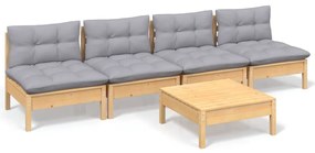 3096129 vidaXL Set mobilier grădină cu perne gri, 5 piese, lemn masiv de pin