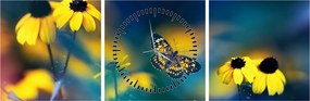 Tablou - Fluture galben și flori (cu ceas) (90x30 cm)