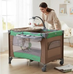 Patut Pliabil si Tarc copii Baby Care™ PRO FMAT, 2 Niveluri de inaltime, Cu melodii si Masa infasat, Carusel cu jucarii din plus, Plasa insecte,