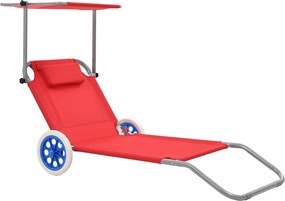 vidaXL Șezlong de plajă pliabil cu copertină și roți, roșu, oțel