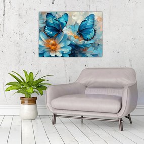 Tablou pe sticlă - Fluturi albaștri (70x50 cm)