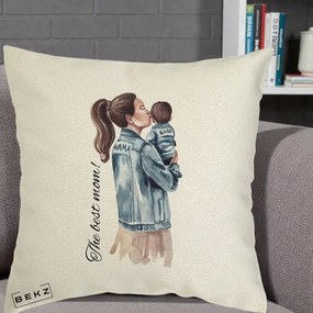 Cadou pentru Mama - Perna Personalizata The Best Mom Jachete, 40x40 cm, Ecru, Husa Detasabila, Perna Inclusa, BEKZ®