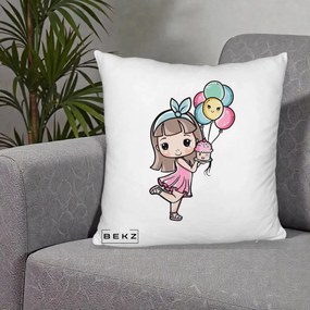 Perna Decorativa Fetita Kawaii cu Baloane si Cupcake, 40x40 cm, Alb Pufos, Husa Detasabila, Perna Inclusa, BEKZ®