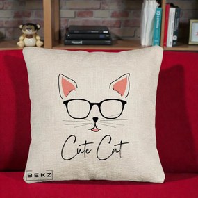 Perna Personalizata Cute Cat cu Ochelari, 40x40 cm, Bej Canapea, Husa Detasabila, Perna Inclusa, BEKZ®