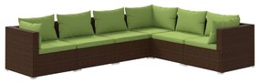 Set mobilier de gradina cu perne, 6 piese, maro, poliratan maro si verde, 3x colt + 3x mijloc, 1