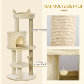 PawHut Ansamblu de Joacă pentru pisici adulte cu căsuță spațioasă și platformă, 104 cm, Crem | Aosom Romania