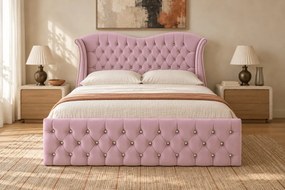 Pat tapițat Chesterfield Avella 160×200 cm, roz, cu ladă de depozitare