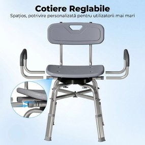 HOMCOM Scaun de Duș Rotativ cu Înălțime Reglabilă, Brațe și Spătar, Capacitate 150 kg, Gri | Aosom Romania
