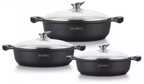 Set 3 cratite cu capace Royalty Line BR1006, marmorate, antiaderente, negre