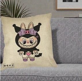 Perna Personalizata Labubu x Kuromi, 40x40 cm, Crem, Husa Detasabila, Perna Inclusa, BEKZ®