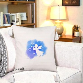 Perna Decorativa Inger cu Trompeta Albastru, 40x40 cm, Bej cu Franjuri, Husa Detasabila, Perna Inclusa, BEKZ®