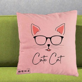 Perna Personalizata Cute Cat cu Ochelari, 40x40 cm, Roz, Husa Detasabila, Perna Inclusa, BEKZ®