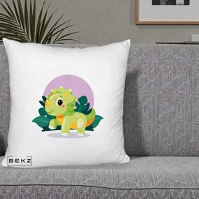 Perna Decorativa Triceratops Kawaii Verde, 40x40 cm, Alb Pufos, Husa Detasabila, Perna Inclusa, BEKZ®