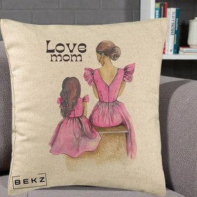 Cadou pentru Mama - Perna Personalizata Love Mom Rochii Roz, 40x40 cm, Bej, Husa Detasabila, Perna Inclusa, BEKZ®