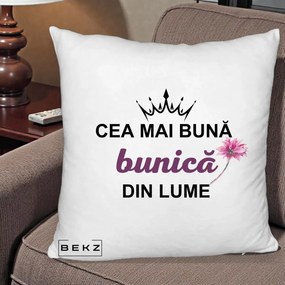 Cadou pentru Bunica - Perna Personalizata Cea Mai Buna Bunica Din Lume Coroana Mov Floare Roz, 40x40 cm, Alb Pufos, Husa Detasabila, Perna Inclusa, BEKZ®