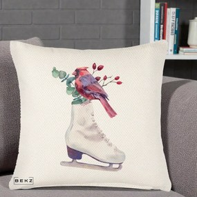 Perna Decorativa Cardinal Rosu pe Patina de Gheata, 40x40 cm, Crem Reliefat, Husa Detasabila, Perna Inclusa, BEKZ®