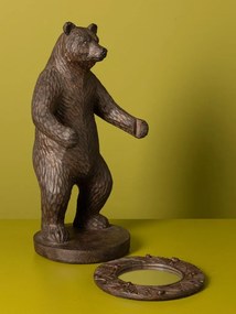 Oglindă de masă din rășină, maro, urs în picioare ținând o oglindă rotundă, ramă cu frunze în relief, finisaj antichizat, 37 x 17 x 16,5 cm, „Brienz”