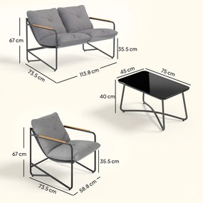 Set de Grădină Outsunny cu Canapea, 2 Fotolii și Măsuță cu Blat din Sticlă, Mobilier de Exterior cu Perne Groase, Gri Deschis | Aosom Romania