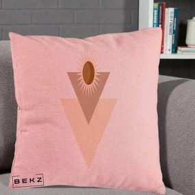 Perna Decorativa Boho Sun cu Triunghiuri Bej si Oval Solar, 40x40 cm, Roz, Husa Detasabila, Perna Inclusa, BEKZ®