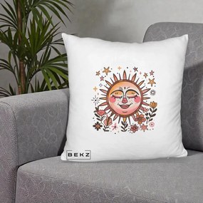 Perna Decorativa Soare Retro Boho Floral, 40x40 cm, Alb Pufos, Husa Detasabila, Perna Inclusa, BEKZ®
