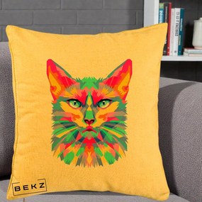 Perna Decorativa Pisica Pop Art Multicolor, 40x40 cm, Galben, Husa Detasabila, Perna Inclusa, BEKZ®
