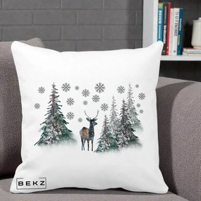 Perna Decorativa Ren in Padure Inzapezita, 40x40 cm, Alba Mata, Husa Detasabila, Perna Inclusa, BEKZ®