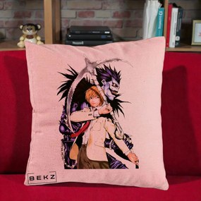 Perna Personalizata Death Note Light si Ryuk Duo, 40x40 cm, Roz, Husa Detasabila, Perna Inclusa, BEKZ®
