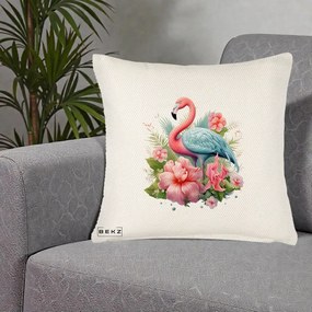 Perna Decorativa Flamingo cu Hibiscus Tropical, 40x40 cm, Crem Reliefat, Husa Detasabila, Perna Inclusa, BEKZ®