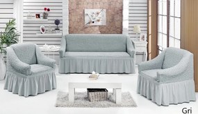 Set huse elastice si creponate pentru canapea 3 locuri si 2 fotolii, cu volanas, culoare Gri